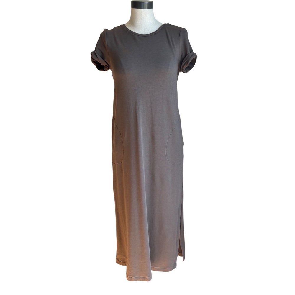 Eileen Fisher Pima Cotton Tencel Modal Midi Dress Brown Pockets RN 97641 Small